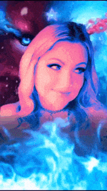 a woman in a bathtub with blue flames and a star on her head