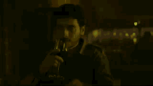 a man is drinking a glass of wine at a bar .