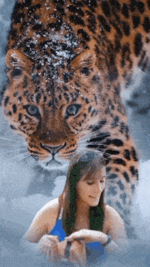 a woman is standing in front of a leopard