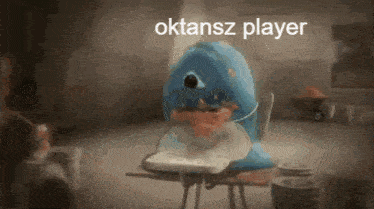 a cartoon character is sitting at a desk with the words oktansz player written above it