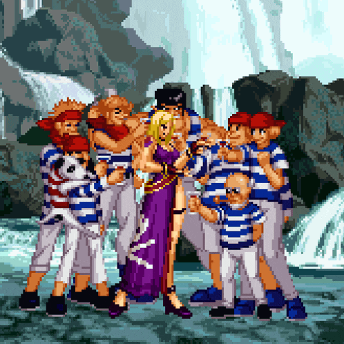 a pixel art of a group of people standing next to a waterfall