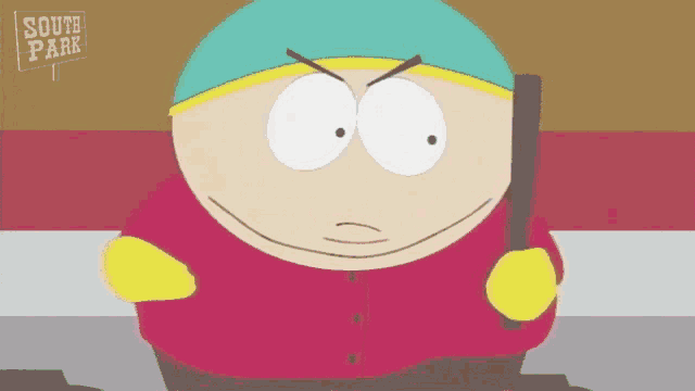 a cartoon character from south park holds a bat