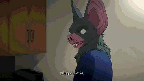 a cartoon of a bat with the words this guy 's weird