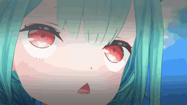 a girl with green hair and red eyes looks up at the sky