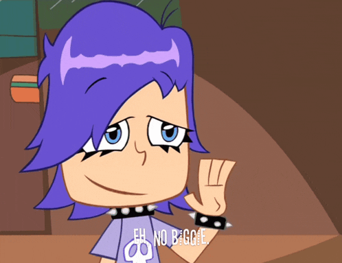 a cartoon character with purple hair says " eh no begge "