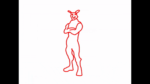 a red line drawing of a man with a rabbit mask on