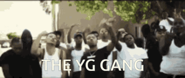 a group of young men are standing in front of a building with the words the yg gang on the bottom