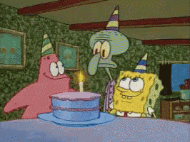 patrick star squidward and spongebob are celebrating a birthday with a cake