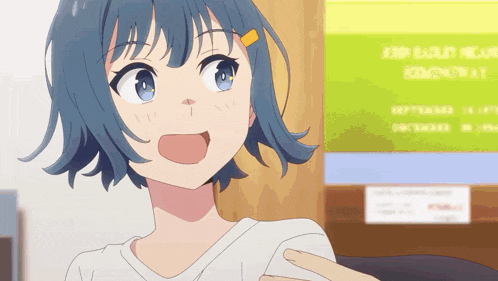a girl with blue hair is standing in front of a sign that says ' admission required ' on it
