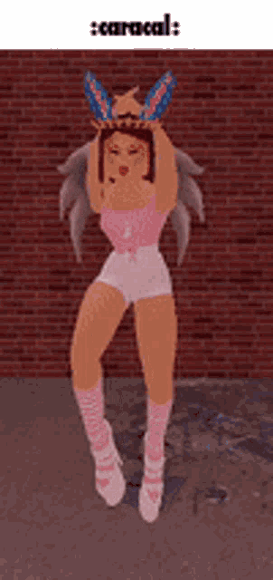 a cartoon girl is standing in front of a brick wall wearing a butterfly headband and shorts .