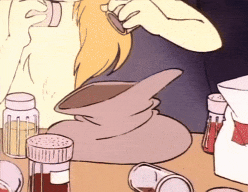 a cartoon drawing of a person pouring liquid into a bag