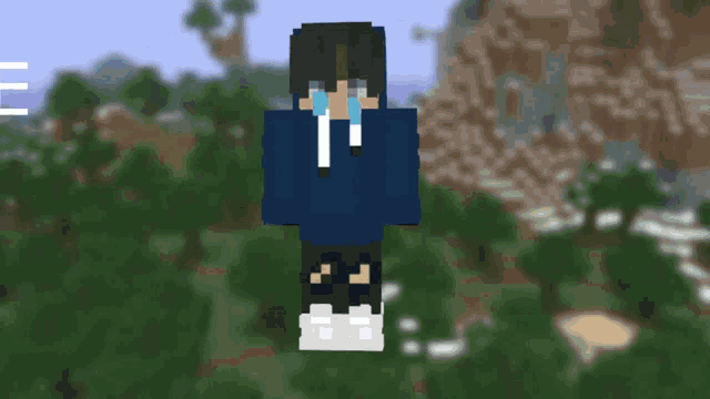 a boy in a blue hoodie is crying in a minecraft video game