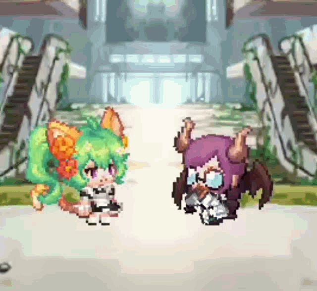 a pixel art of a girl and a demon standing next to each other .