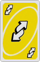 a yellow uno card with two white arrows pointing in opposite directions on it .