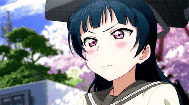a girl with blue hair and pink eyes is wearing a school uniform and holding an umbrella