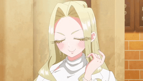 a girl with blonde hair and a white sweater is smiling with her eyes closed