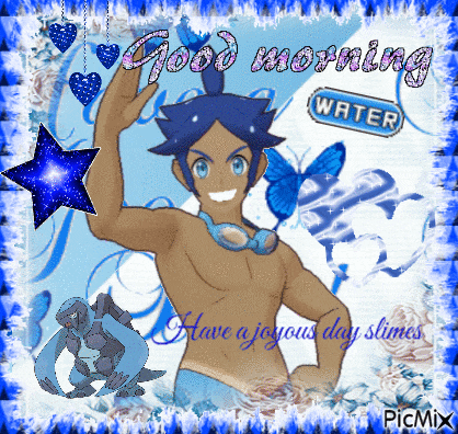 a picture of a shirtless anime character with the words good morning water have a joyous day slimes