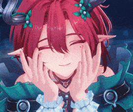 a girl with red hair and green flowers in her hair is smiling with her eyes closed