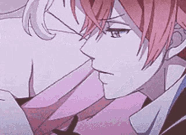 a close up of a man and a woman kissing in a anime .