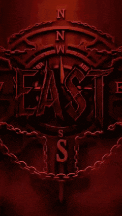 a red background with a compass and the word east