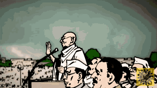 a cartoon of a man giving a speech with a yellow sticker that says ' delhi tribune ' on it