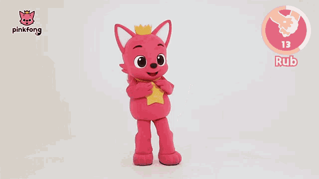 a pink fox with a yellow star on his chest is standing in front of a pink circle that says rub on it