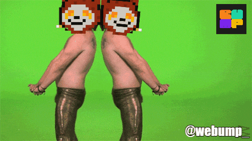 two men with pixelated faces on their heads on a green background