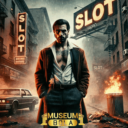 a man in a suit is standing in front of a sign that says slot