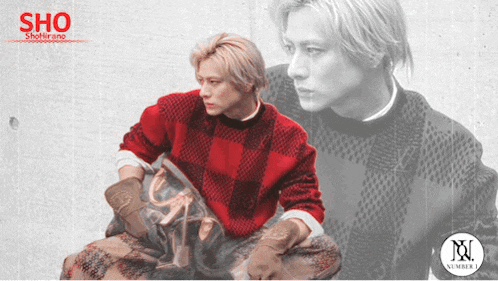 a man in a red plaid sweater with the word sho on the bottom right