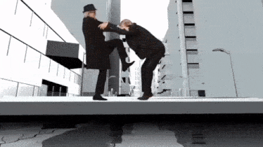 a man in a black hat is kicking another man in the face