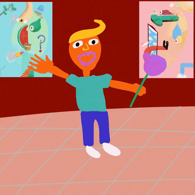 a cartoon drawing of a man holding a flower in front of a painting