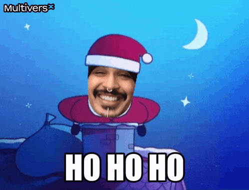 a cartoon of a man wearing a santa hat with the words ho ho ho below him