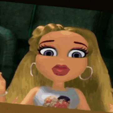 a cartoon doll with blonde hair and red lips is wearing hoop earrings