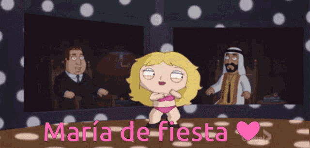a cartoon of a woman dancing with the words maria de fiesta in pink