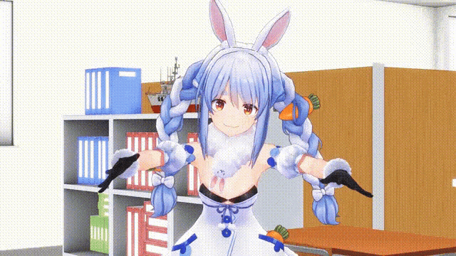 a 3d anime girl with bunny ears and a carrot in her hair is standing in a room .