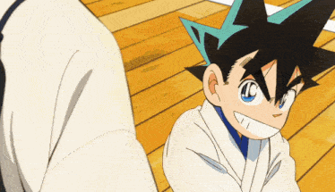 a cartoon character with blue eyes and a white shirt is smiling