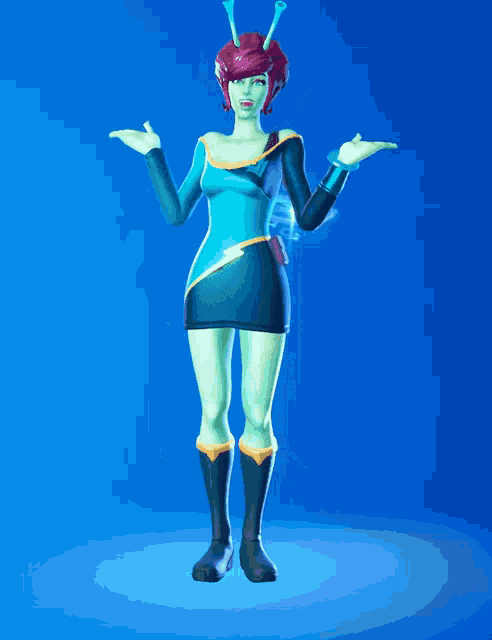 a woman in a blue and green costume is dancing on a blue background