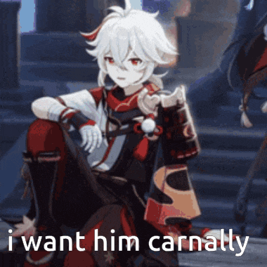a cartoon character is sitting down with the words `` i want him carnally '' written below him .