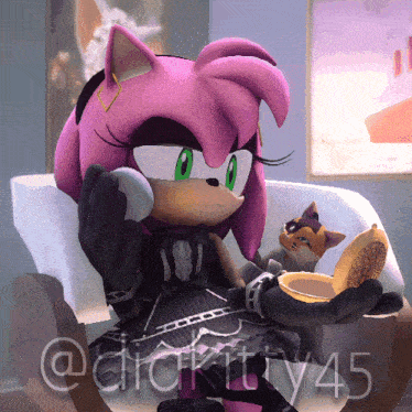a picture of amy the hedgehog sitting in a chair with the number 45 on the bottom