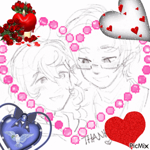 a drawing of a man and a woman with hearts around them and the word thank on the bottom