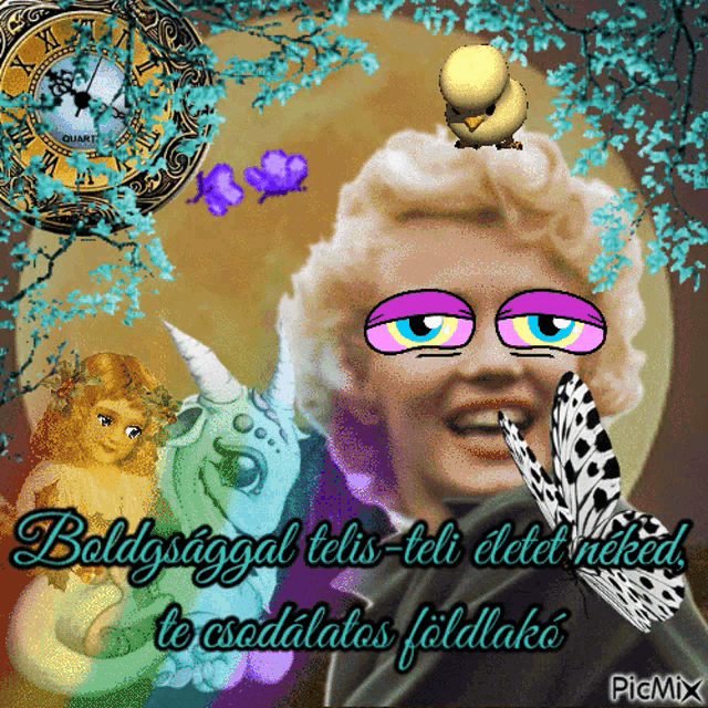 a picture of a woman with a bird on her head and the words boldogsaggal telis-teli elet neked