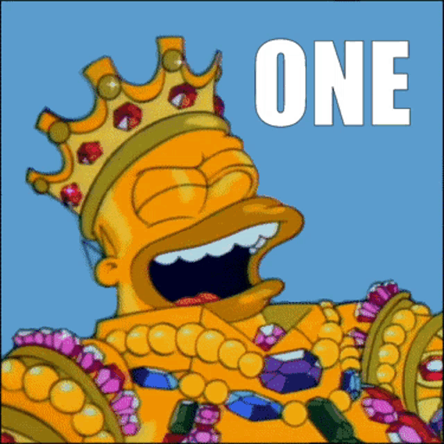 a cartoon of homer simpson wearing a crown and surrounded by jewelry with the word one written below him