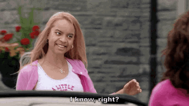 a woman in a pink cardigan is talking to another woman in a car and says `` i know , right ? ''