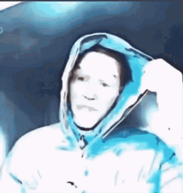 a person wearing a blue hooded jacket with a white face