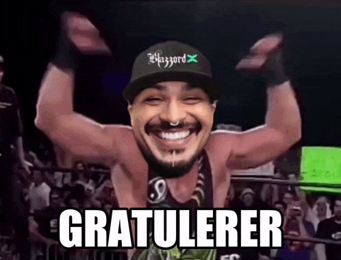 a man wearing a blizzard hat is celebrating with the words gratulerer
