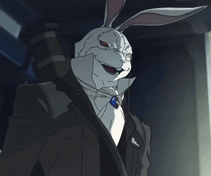 a cartoon rabbit in a suit and tie holds a gun