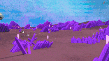 a bunch of robots are fighting each other in front of purple mountains