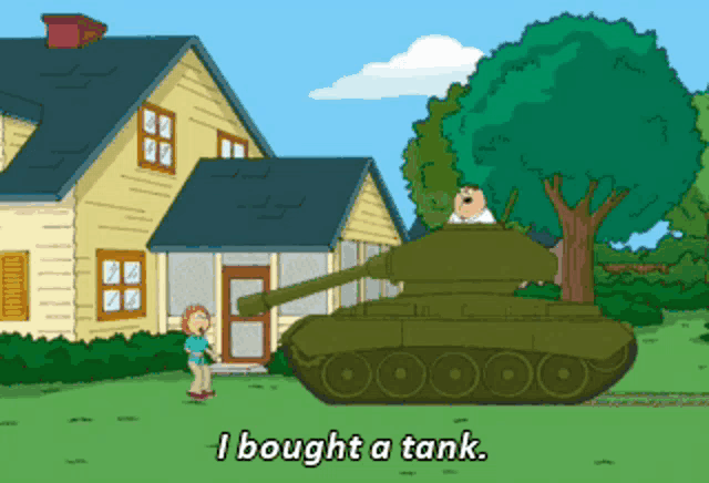 a cartoon of a man and woman standing next to a tank that says i bought a tank on the bottom