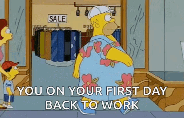 homer simpson is standing in front of a clothing store and talking to a boy .