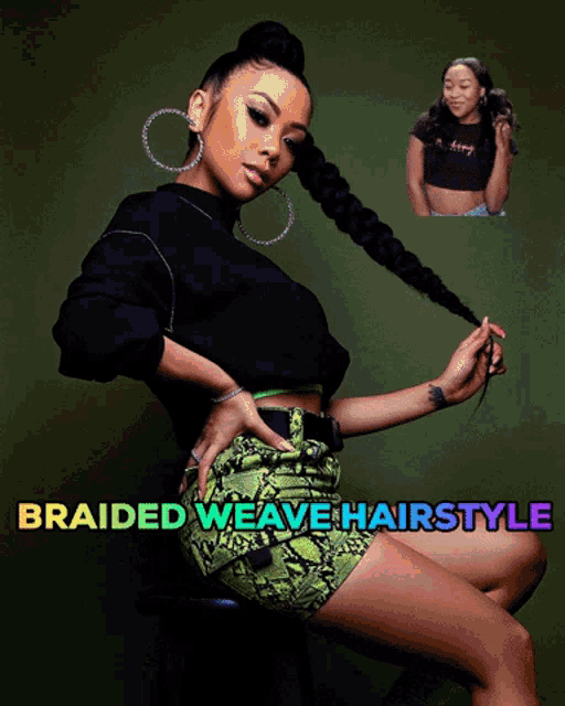 a woman with braided weave hairstyle is sitting on a chair